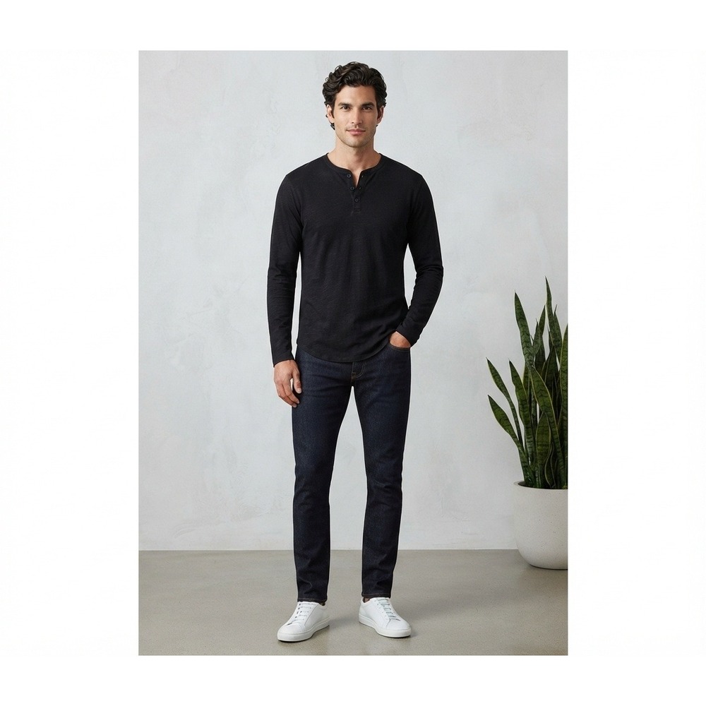 Monrow Henley Shirt Mens M Black Excellent Supima Modal Long Sleeve MT0021-4